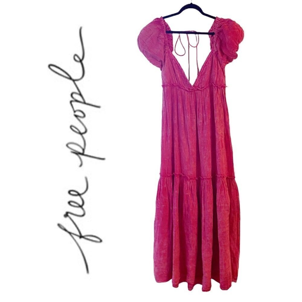 Free People Monsoon Maxi Dress With Puff Sleeves Low Cut Back Size M